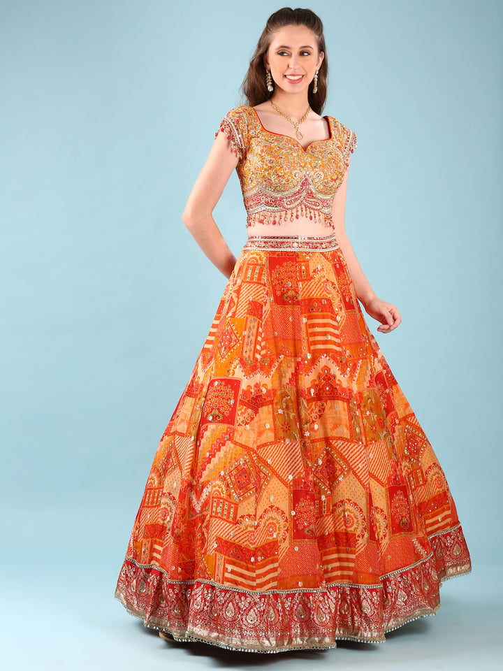 Rust Chinnon Hand Embroidery Ghagra Set