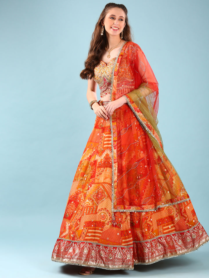 Rust Chinnon Hand Embroidery Ghagra Set