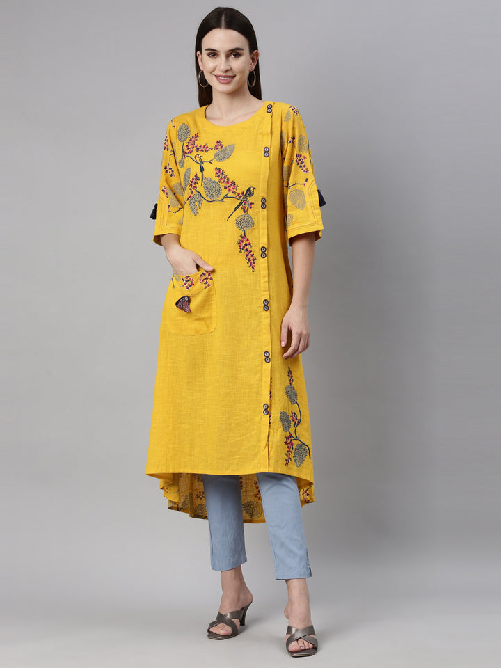 Neerus Yellow thread embroidered quirky printed kurta - detail view 3