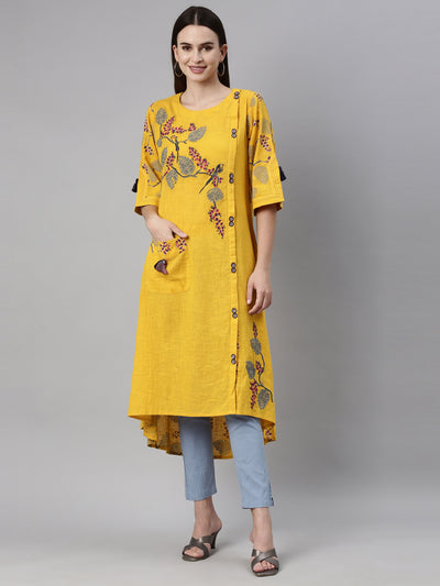 Neerus Women Mustard Yellow Quirky Printed Thread Work Kurta