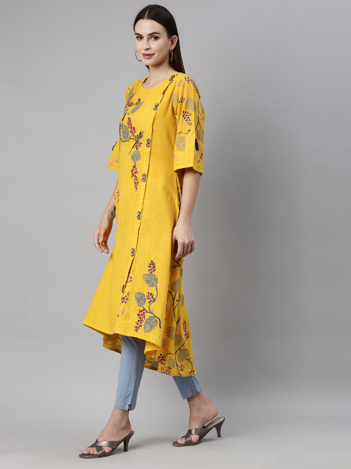 Neerus Yellow thread embroidered quirky printed kurta - side view