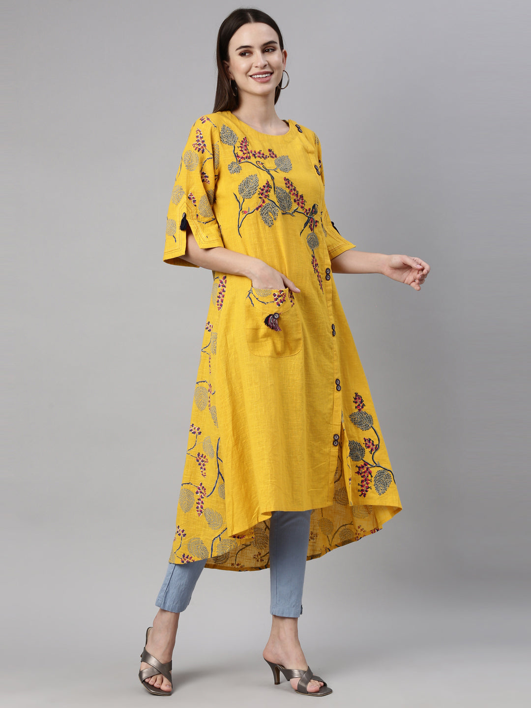 Neerus Yellow thread embroidered quirky printed kurta - back view