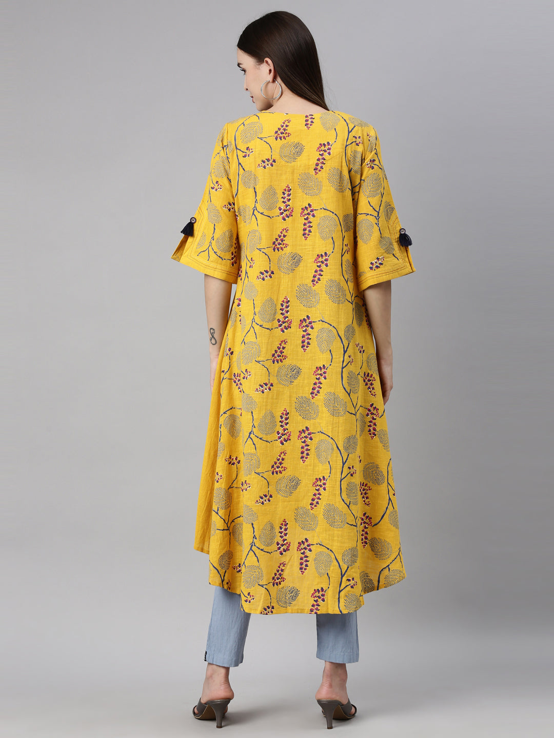Neerus Yellow thread embroidered quirky printed kurta - detail view 1