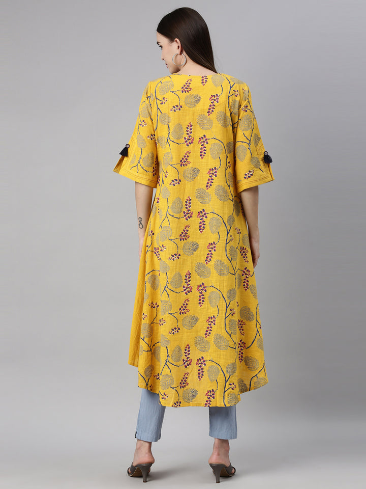 Neerus Yellow thread embroidered quirky printed kurta - detail view 1