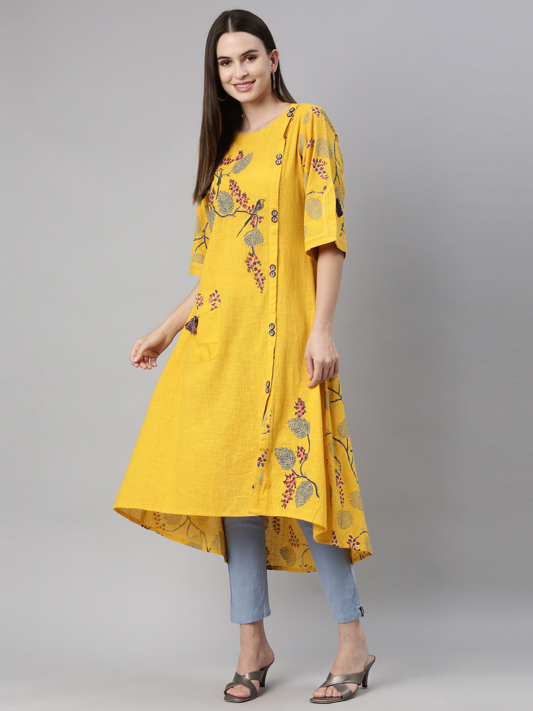 Neerus Yellow thread embroidered quirky printed kurta - front view