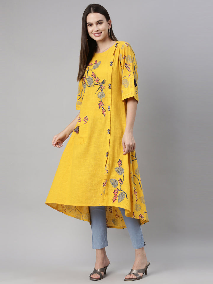 Neerus Yellow thread embroidered quirky printed kurta - front view