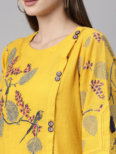 Neerus Women Mustard Yellow Quirky Printed Thread Work Kurta