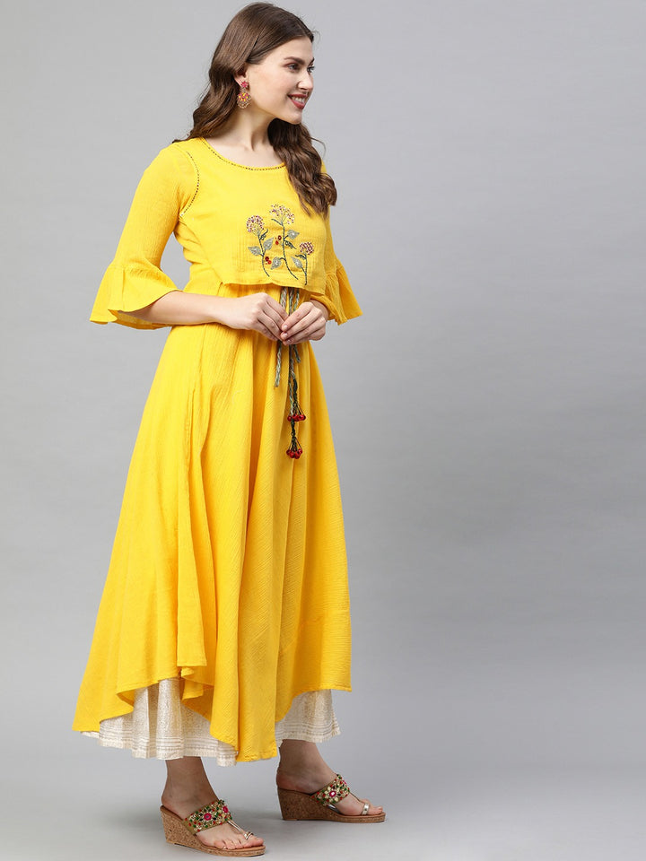 Neerus Yellow embroidered A-line asymmetric layered kurti - front view