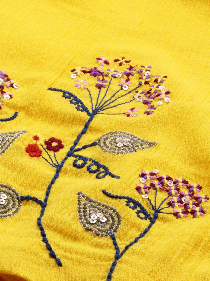 Neerus Yellow embroidered A-line asymmetric layered kurti - detail view 1