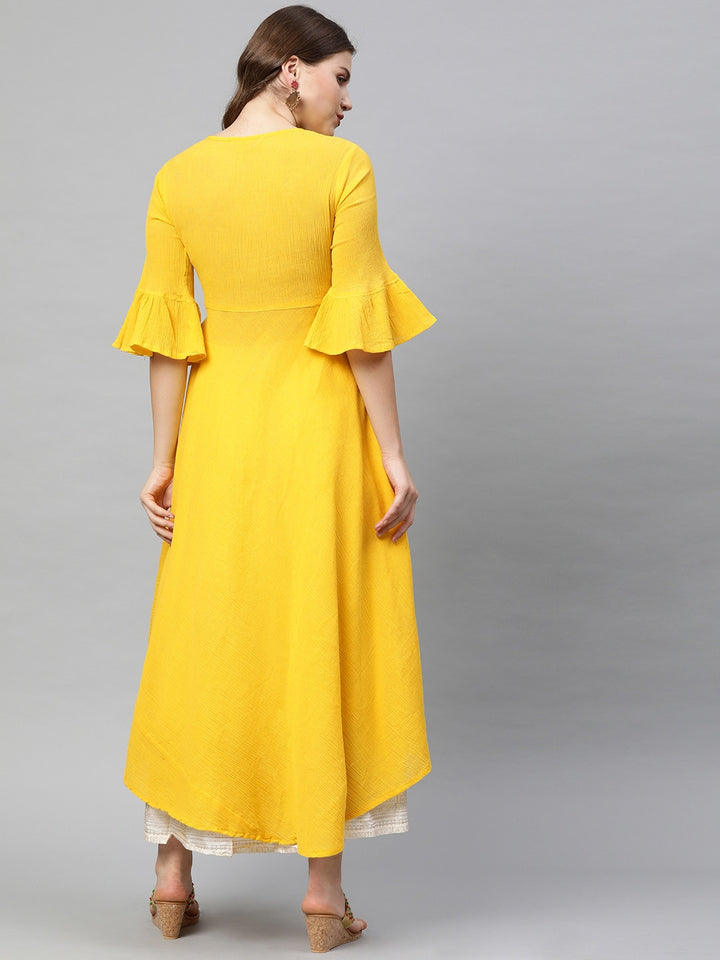 Neerus Yellow embroidered A-line asymmetric layered kurti - side view