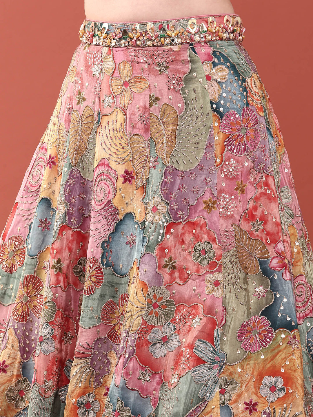 Neerus Multi chinon embroidered lehenga ghagra set - detail view 4