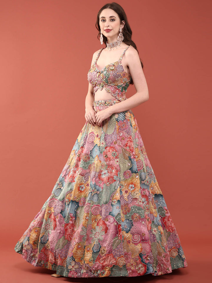 Neerus Multi chinon embroidered lehenga ghagra set - side view