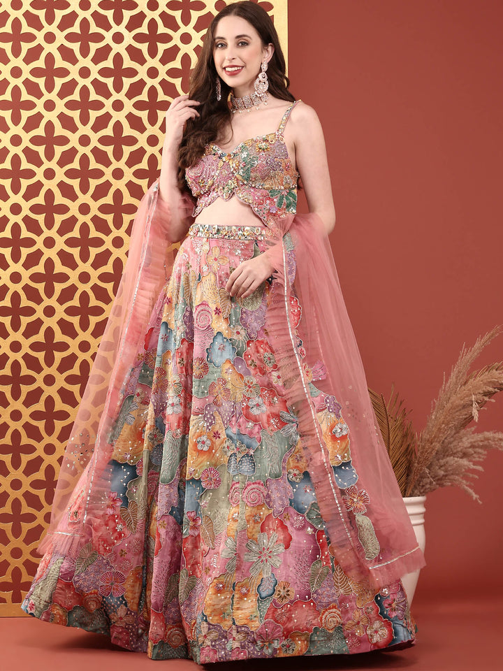 Neerus Multi chinon embroidered lehenga ghagra set - front view