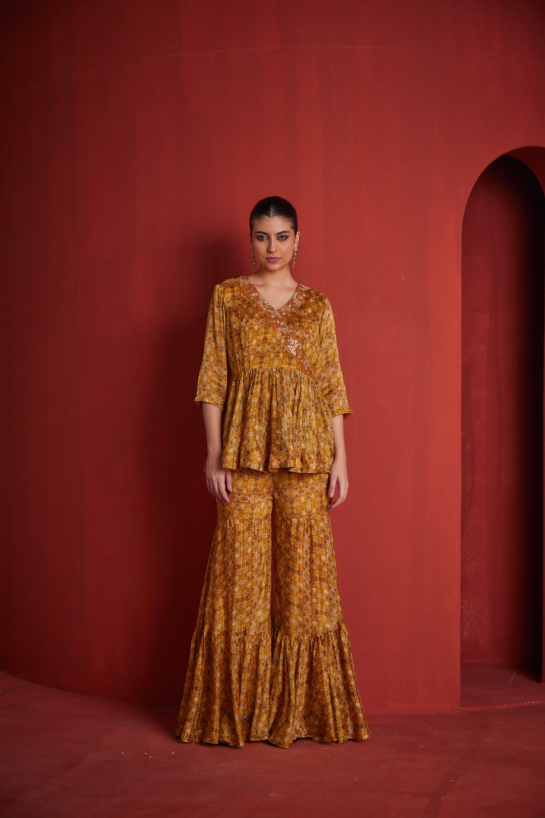 Neerus Yellow crepe printed suit set - front view