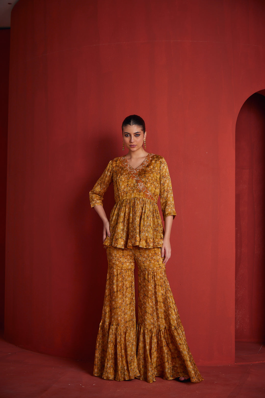 Neerus Yellow crepe printed suit set - side view