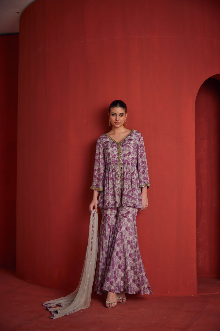 Neerus Lavender Color Crepe Fabric Floral Readymade Suit