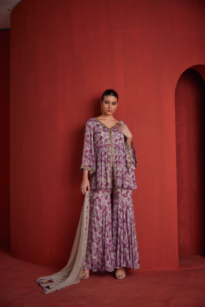 Neerus Lavender Color Crepe Fabric Floral Readymade Suit