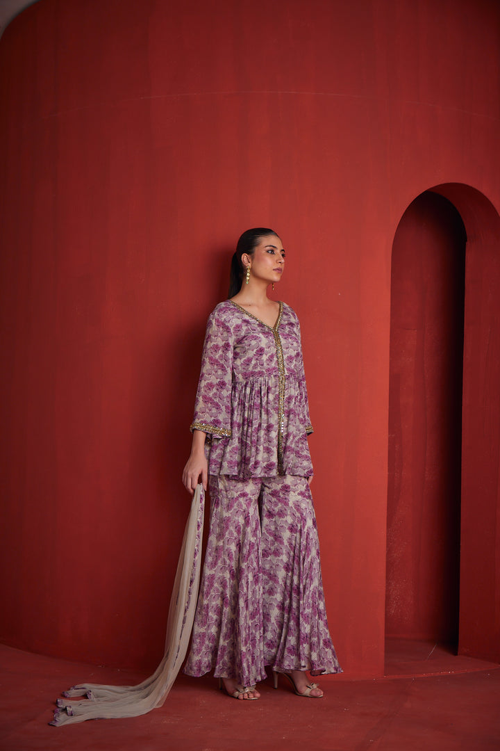 Neerus Lavender Color Crepe Fabric Floral Readymade Suit