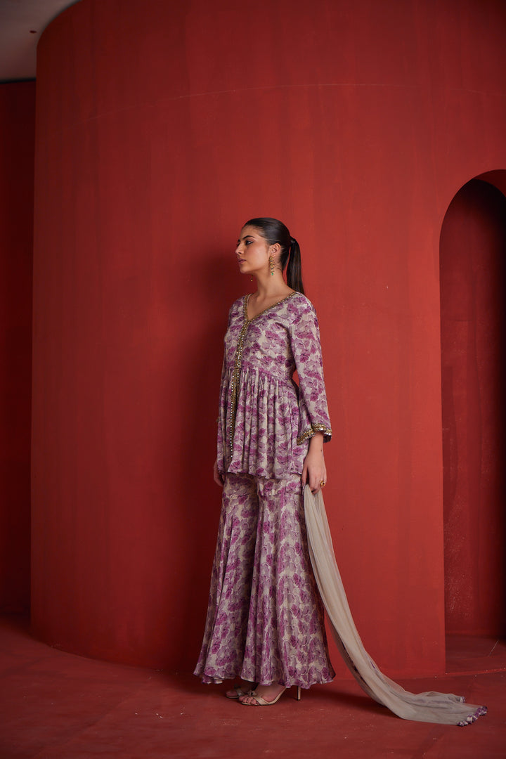 Neerus Lavender Color Crepe Fabric Floral Readymade Suit