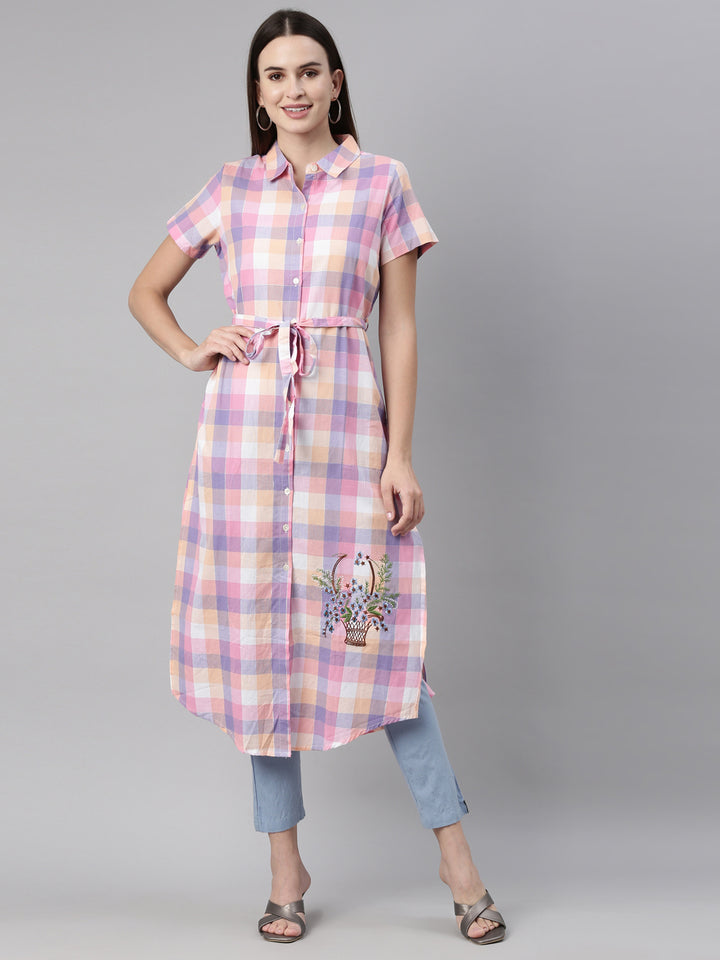 Neerus Pink thread embroidered checked kurta - front view
