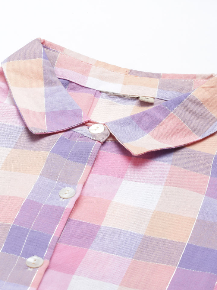 Neerus Pink thread embroidered checked kurta - detail view 3