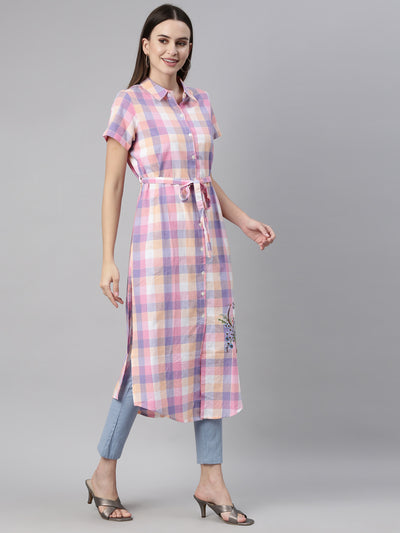 Neerus Women Pink Checked Thread Work Kurta