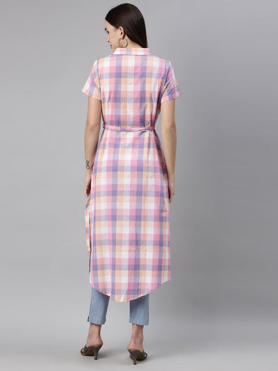Neerus Women Pink Checked Thread Work Kurta
