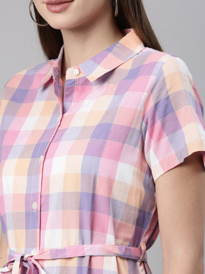 Neerus Pink thread embroidered checked kurta - detail view 2