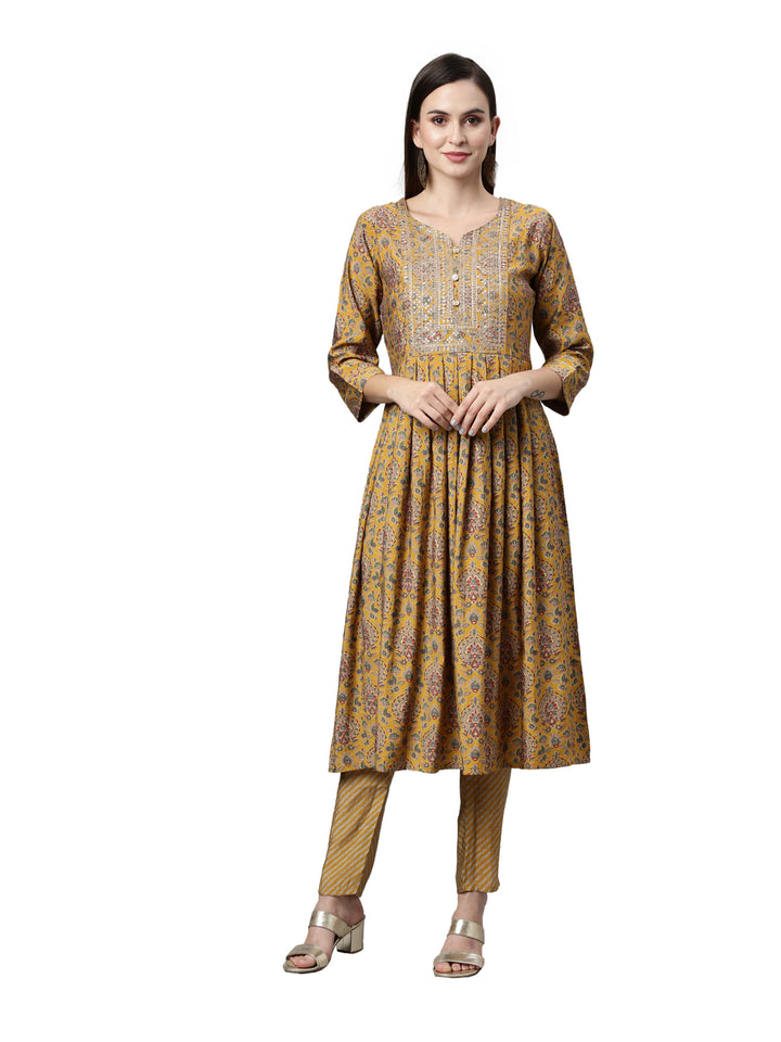 Neerus Women Mustard Yellow Ethnic Motifs Printed Anarkali Kurta with Trousers