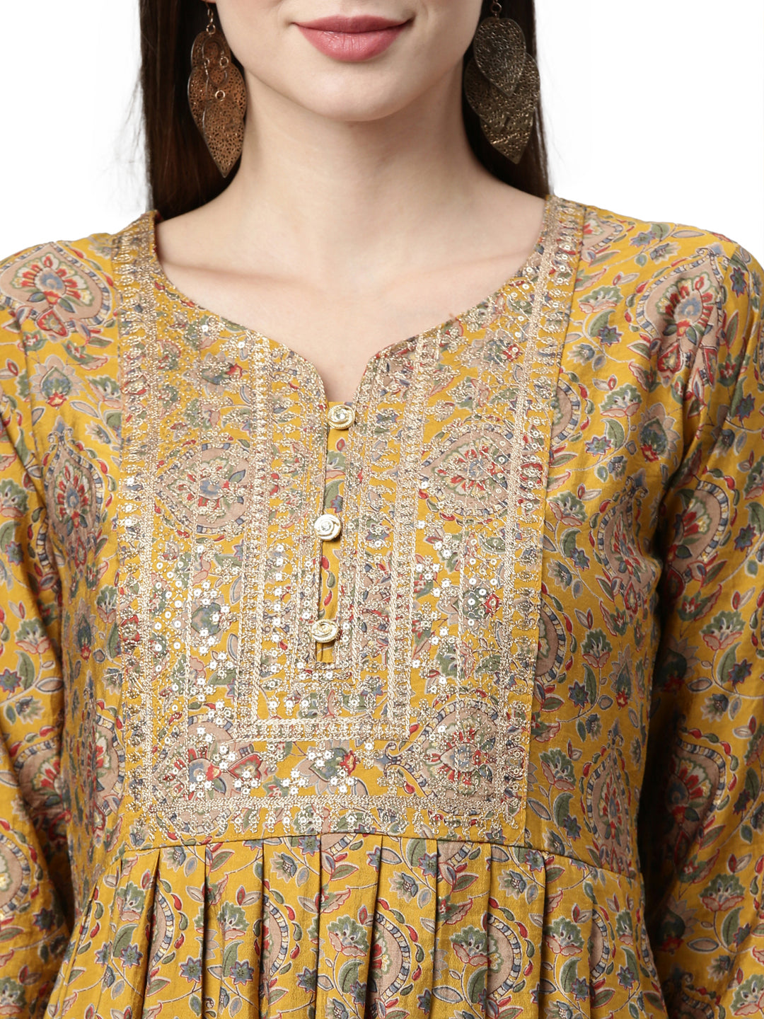 Neerus Women Mustard Yellow Ethnic Motifs Printed Anarkali Kurta with Trousers