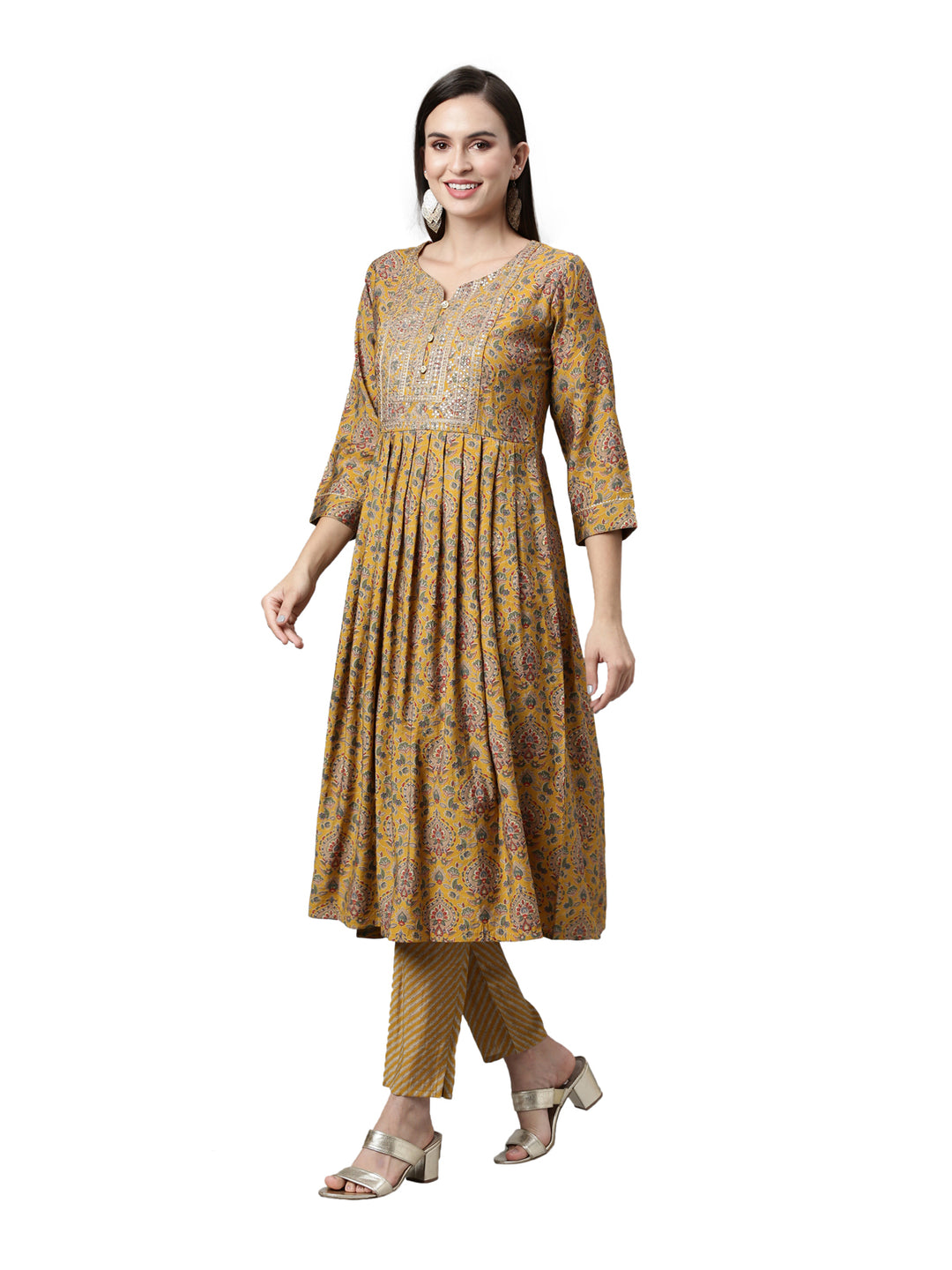 Neerus Women Mustard Yellow Ethnic Motifs Printed Anarkali Kurta with Trousers