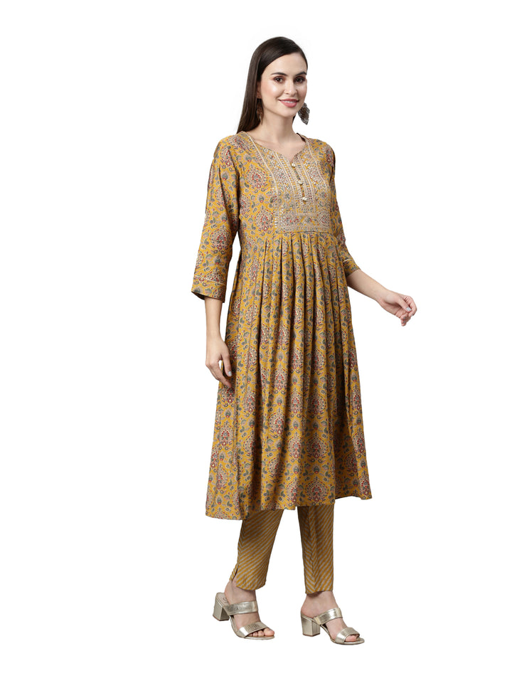 Neerus Women Mustard Yellow Ethnic Motifs Printed Anarkali Kurta with Trousers