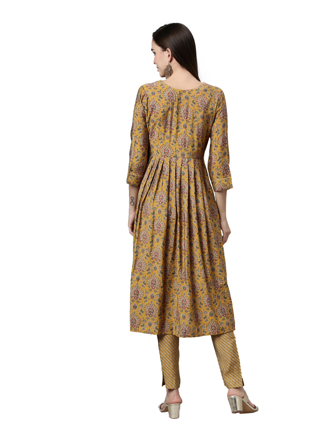 Neerus Women Mustard Yellow Ethnic Motifs Printed Anarkali Kurta with Trousers