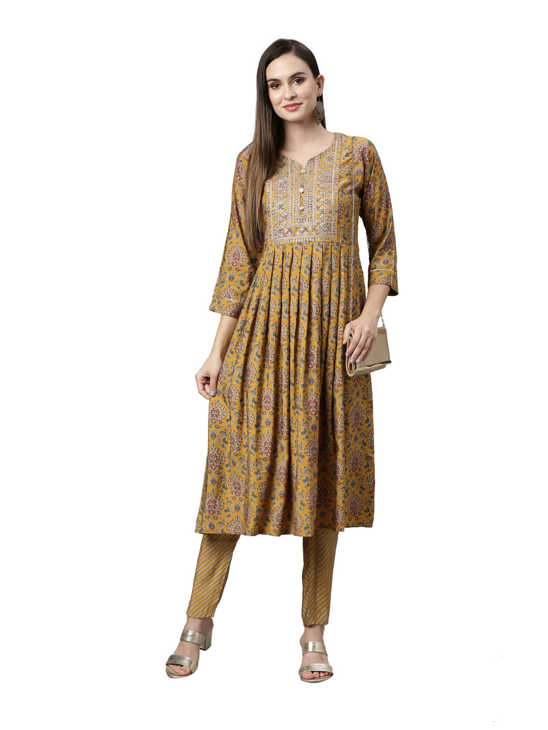 Neerus Women Mustard Yellow Ethnic Motifs Printed Anarkali Kurta with Trousers