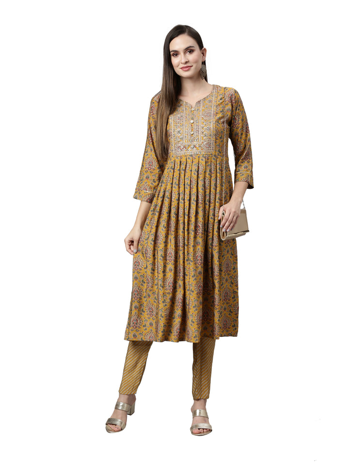 Neerus Women Mustard Yellow Ethnic Motifs Printed Anarkali Kurta with Trousers