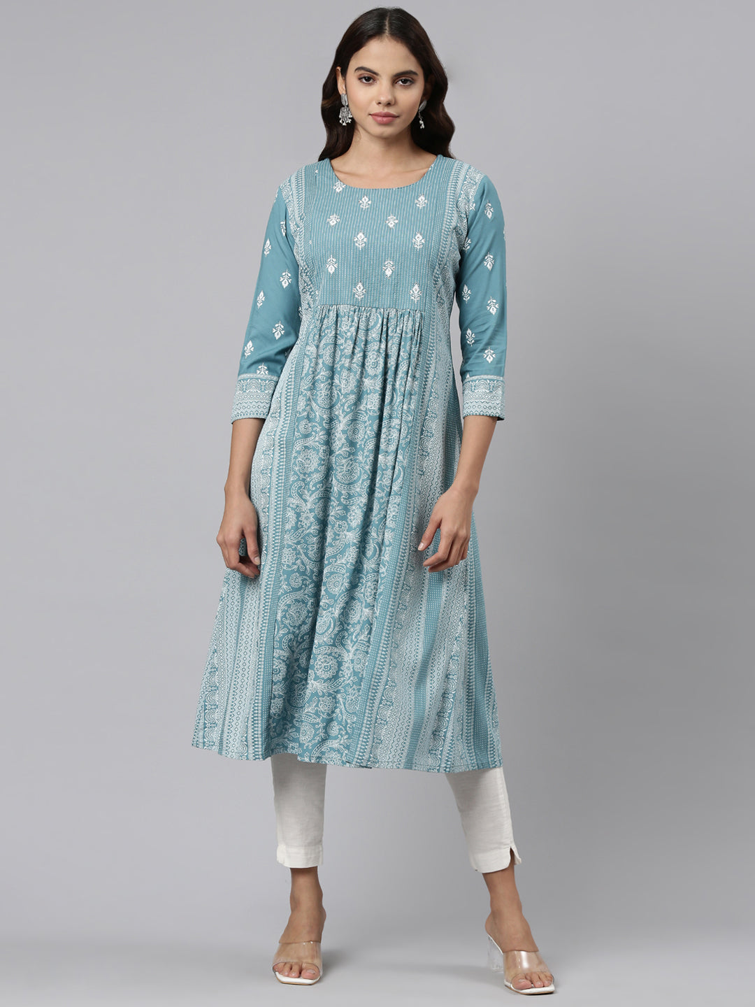 Neerus Blue Pleated Anarkali Embroidered Kurta
