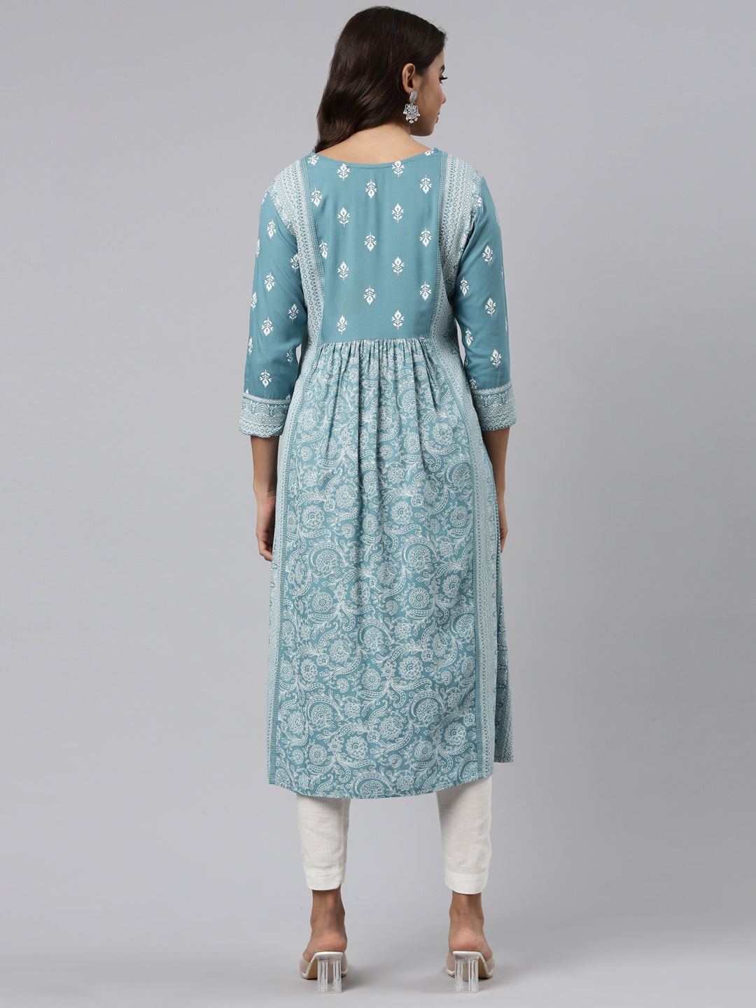 Neerus Blue Pleated Anarkali Embroidered Kurta