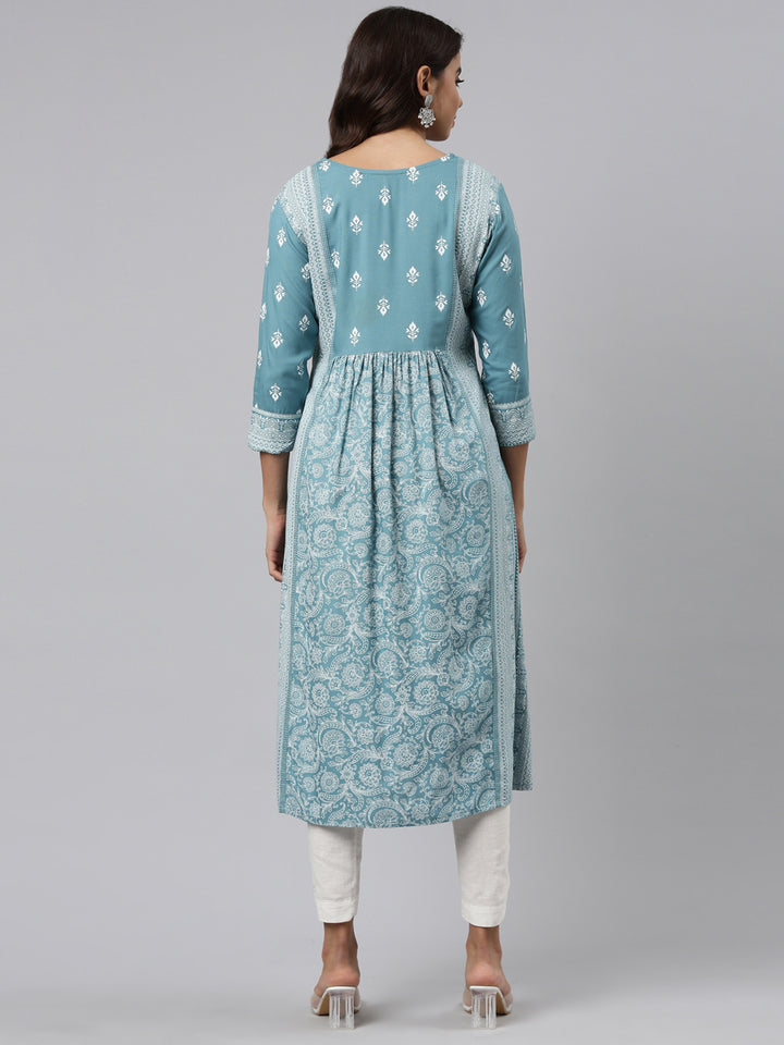 Neerus Blue Pleated Anarkali Embroidered Kurta