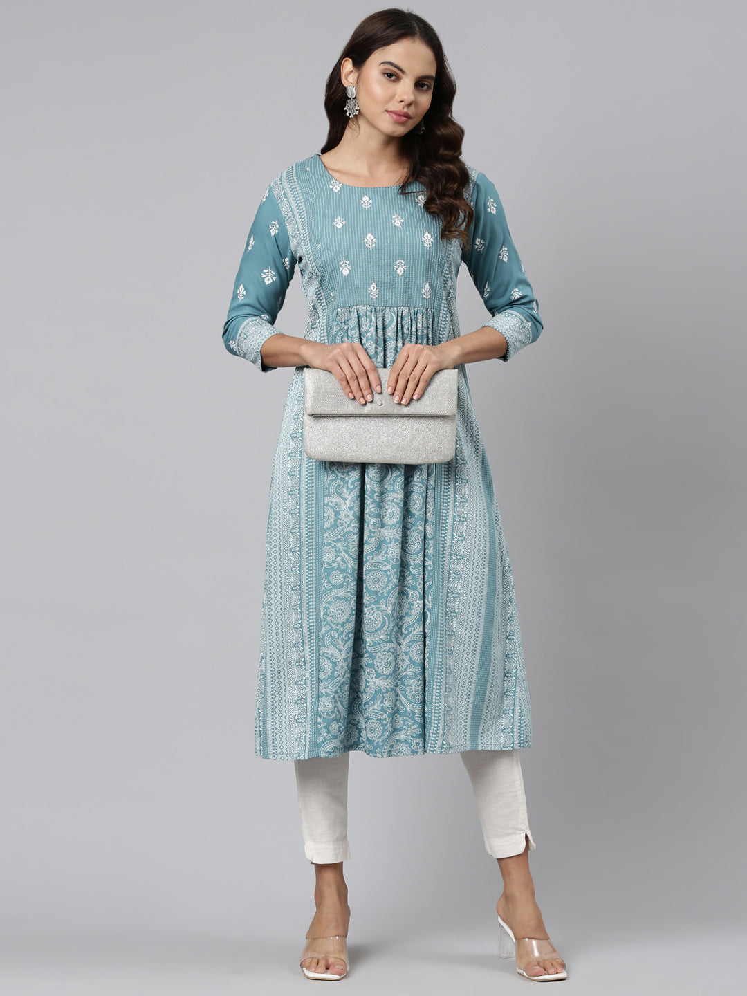 Neerus Blue Pleated Anarkali Embroidered Kurta