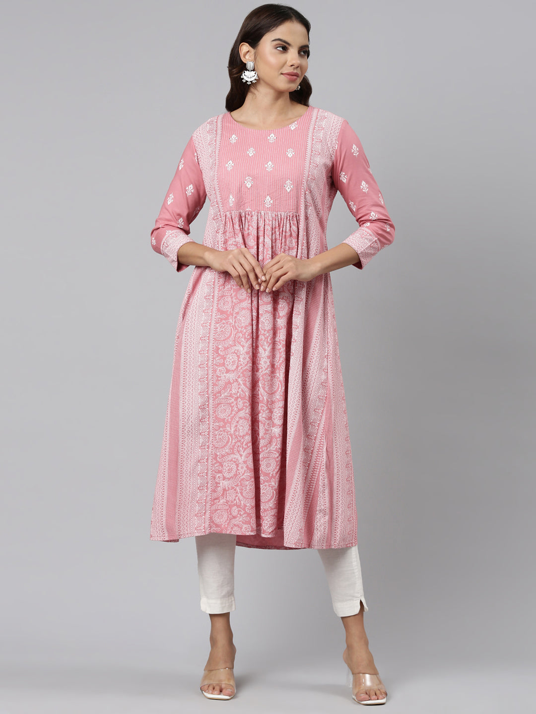 Neerus Pink cotton embroidered anarkali kurti - front view