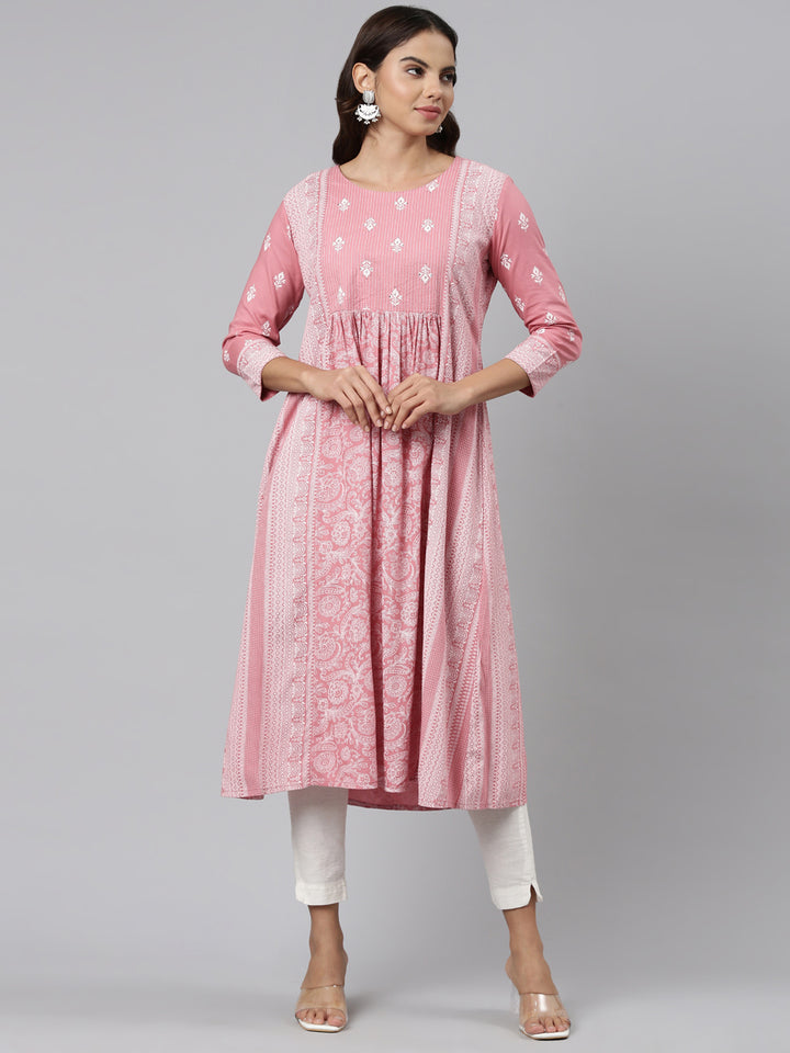 Neerus Pink cotton embroidered anarkali kurti - front view