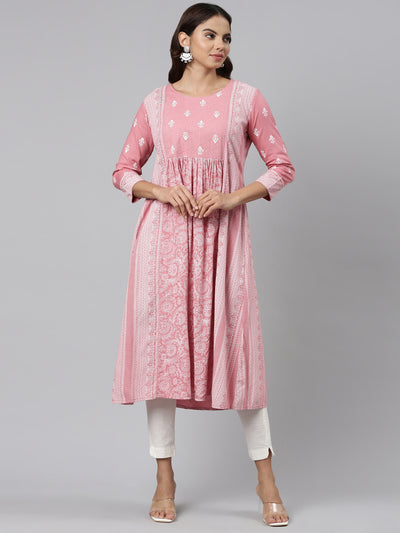 Neeru's Coral Pleated Anarkali Embroidered Kurtas