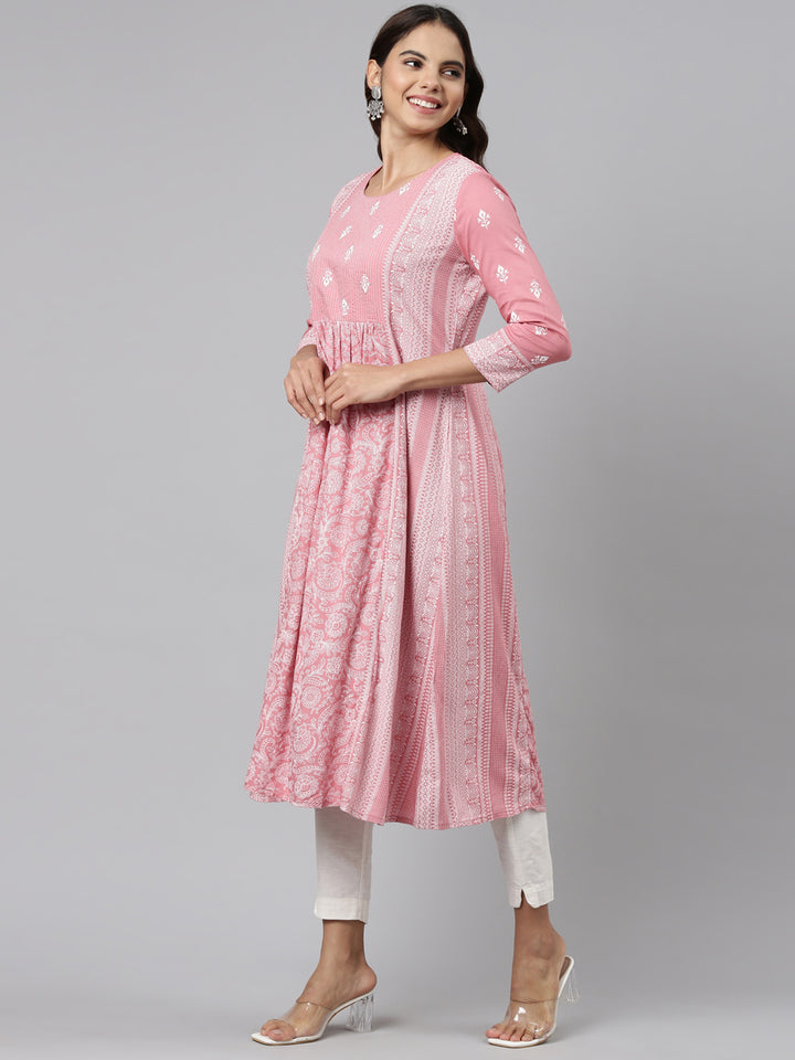 Neerus Pink cotton embroidered anarkali kurti - back view
