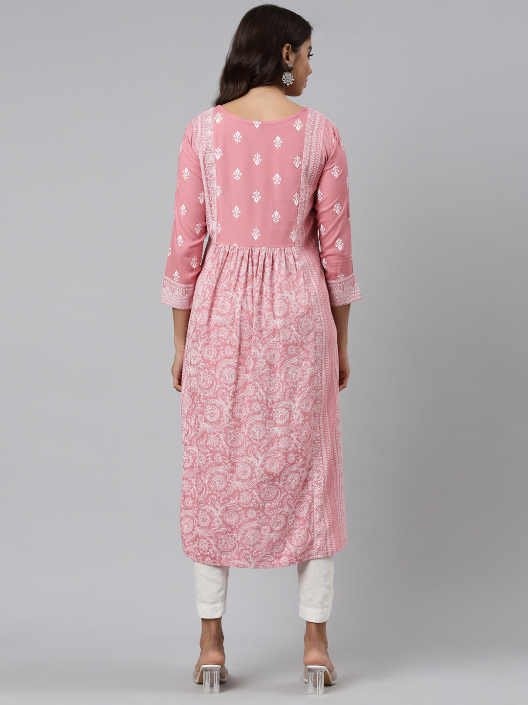 Neerus Pink cotton embroidered anarkali kurti - side view