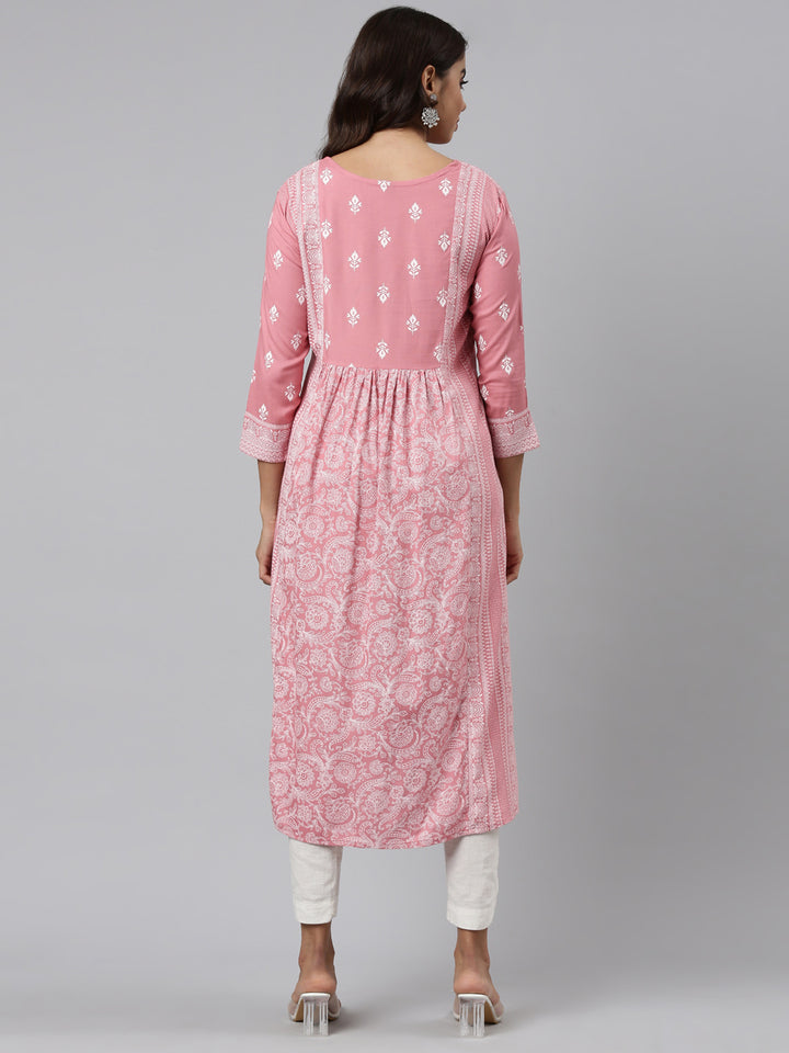 Neerus Pink cotton embroidered anarkali kurti - side view