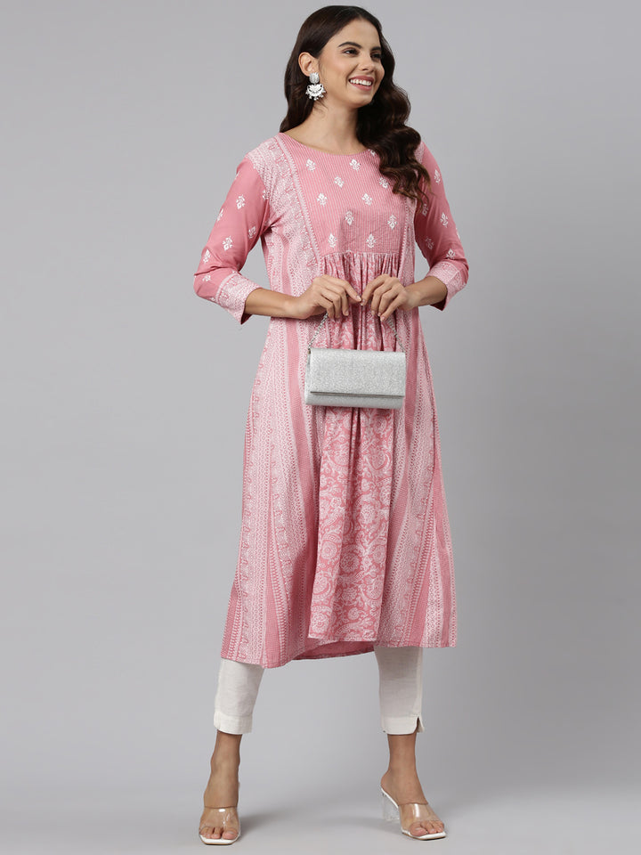 Neerus Pink cotton embroidered anarkali kurti - detail view 2