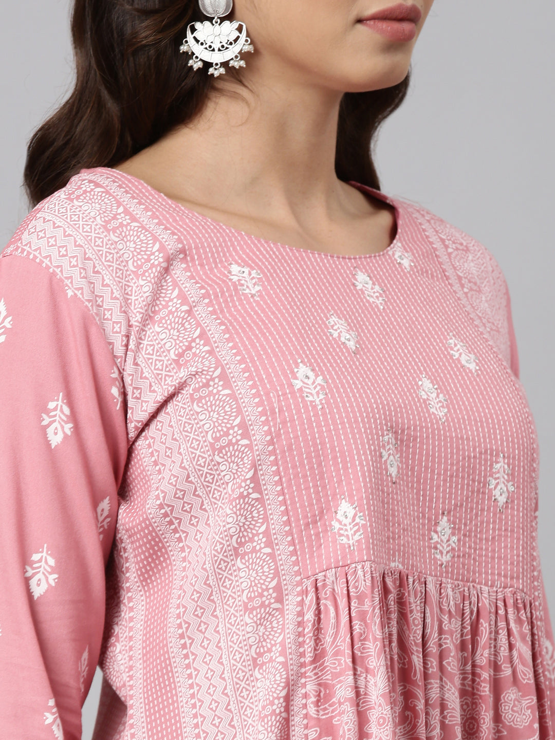 Neerus Pink cotton embroidered anarkali kurti - detail view 1