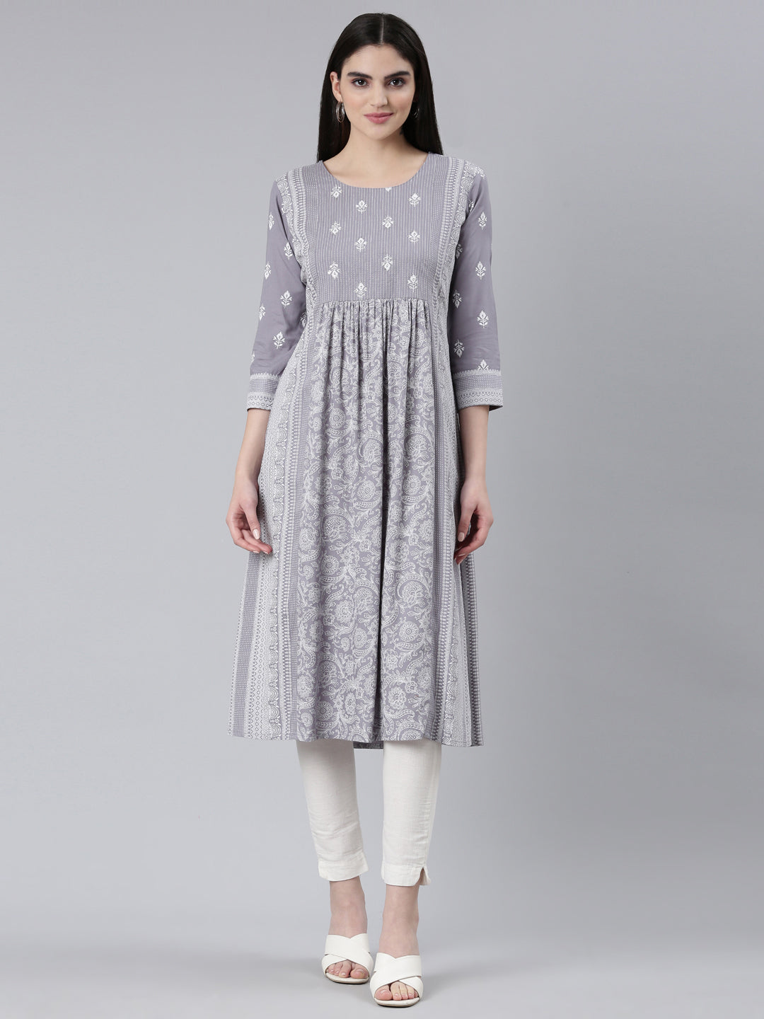 Neerus Grey cotton printed straight kurti - front view