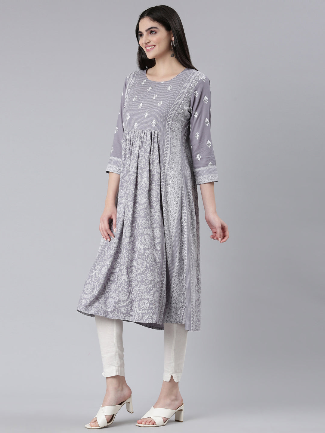 Neerus Grey cotton printed straight kurti - back view