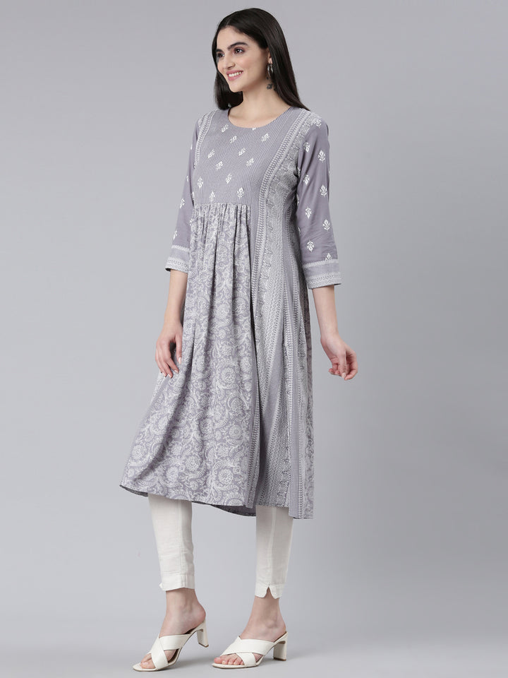 Neerus Grey cotton printed straight kurti - back view